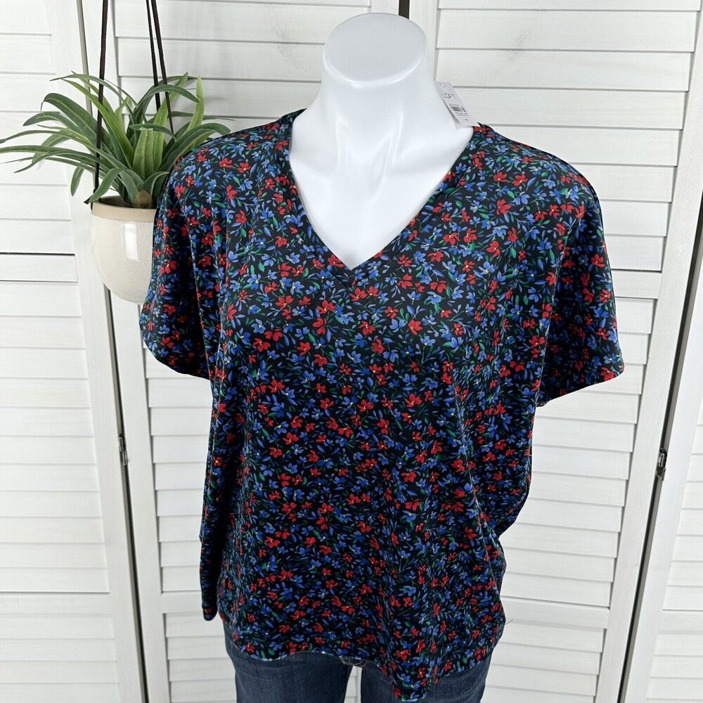 New Ann Taylor‎ LOFT Soft Velour V Neck Top Floral Short Dolman Boxy Size M